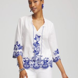 Embroidered Tassel Tie-Front Blouse