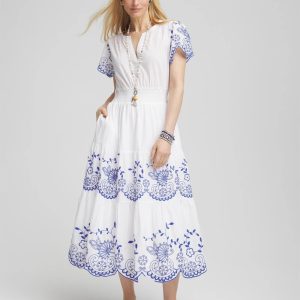 Petite Embroidered Smocked Waist Dress