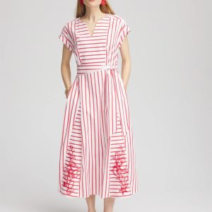 Petite Embroidered Godet Striped Maxi Dress