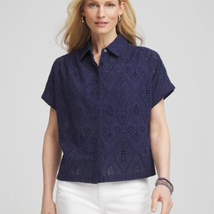 Embroidered Eyelet Button-down Top