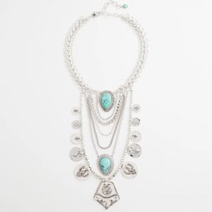 Turquoise Stone & Coins Statement Necklace