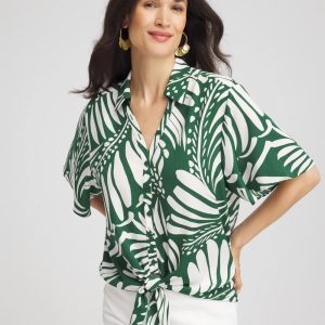 Palm Print Tie-Front Silky Top