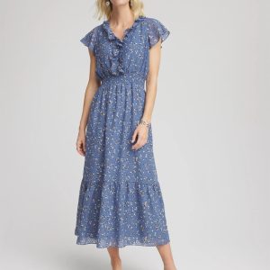 Textured Ruffled-Placket Maxi Dress