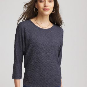 Textured Denim-Motif Tapered-Hem Top